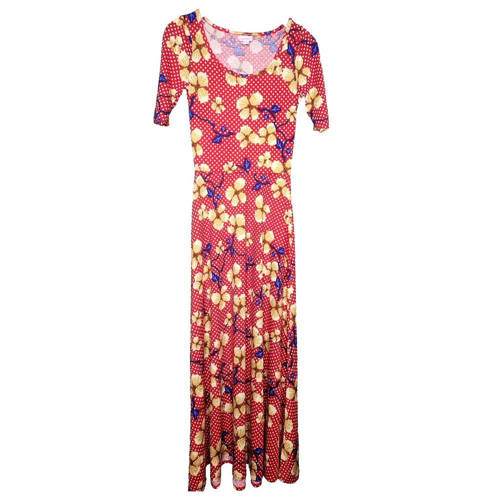 Lularoe Ana Maxi Dress XS Red Floral Polk Dot Short Sleeve Scoop Neck Colorful